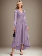 A-line V-Neck Asymmetrical Lace Chiffon Mother of the Bride Dress by Dreamylily