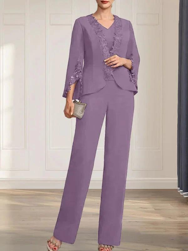 Separates Jumpsuit/Pantsuit V-Neck Floor-Length Chiffon Mother of the Bride Dress by Dreamylily