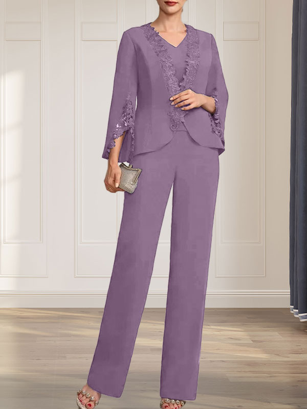 Separates Jumpsuit/Pantsuit V-Neck Floor-Length Chiffon Mother of the Bride Dress