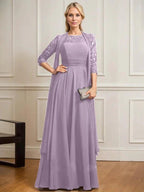 A-line Scoop Illusion Floor-Length Lace Chiffon Mother of the Bride Dress With Pleated by Dreamylily