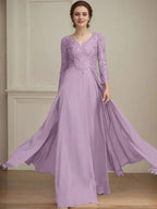 A-line V-Neck Floor-Length Lace Chiffon Mother of the Bride Dress With Sequins by Dreamylily