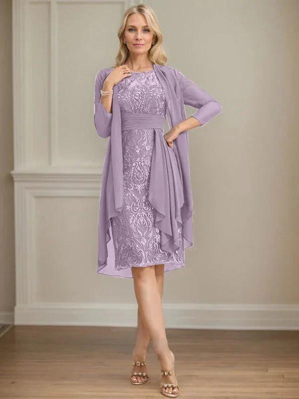 Sheath/Column Scoop Illusion Knee-Length Lace Chiffon Mother of the Bride Dress With Cascading Ruffles Sequins by Dreamylily