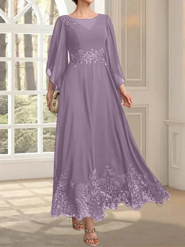 A-line Scoop Illusion Ankle-Length Lace Chiffon Mother of the Bride Dress With Sequins by Dreamylily