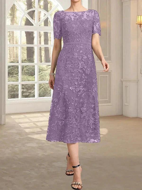 A-line Scoop Illusion Tea-Length Lace Mother of the Bride Dress With Sequins by Dreamylily