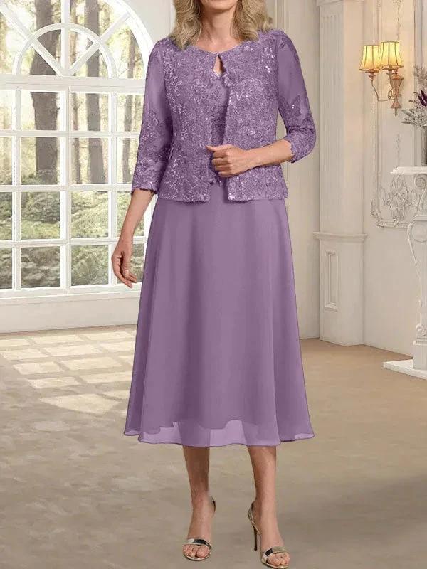 A-line Scoop Tea-Length Lace Chiffon Mother of the Bride Dress With Sequins by Dreamylily