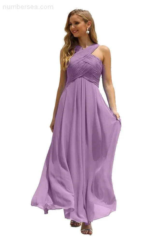 Vestido de dama de honor de gasa con cuello halter para mujer de Numbersea, corte A, largo, formal, para fiesta de graduación, SEA28015 