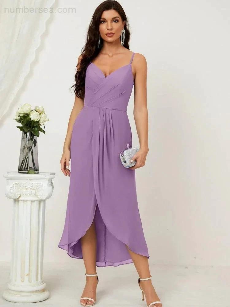 Numbersea Spaghetti Chiffon V Neck Bridesmaid Dress Mid-Length Slit Formal Prom Dress Homecoming Dress 2803 by numbersea