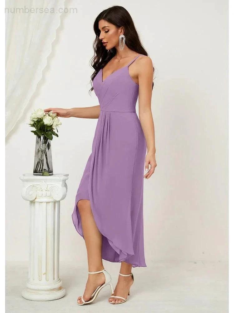 Numbersea Spaghetti Chiffon V Neck Bridesmaid Dress Mid-Length Slit Formal Prom Dress Homecoming Dress 2803 by numbersea