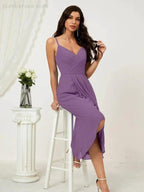 Numbersea Spaghetti Chiffon V Neck Bridesmaid Dress Mid-Length Slit Formal Prom Dress Homecoming Dress 2803 by numbersea