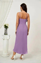 Numbersea Spaghetti Chiffon V Neck Bridesmaid Dress Mid-Length Slit Formal Prom Dress Homecoming Dress 2803 by numbersea
