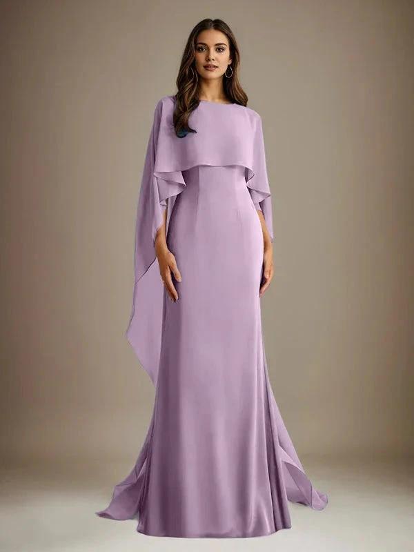 Sheath/Column Boatneck Floor-Length Chiffon Mother of the Bride Dress With Cascading Ruffles by Dreamylily