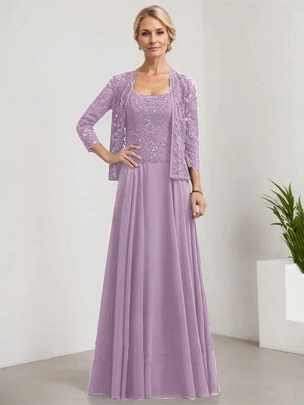 A-line Square Floor-Length Lace Chiffon Mother of the Bride Dress With Sequins by Dreamylily