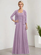 A-line Square Floor-Length Lace Chiffon Mother of the Bride Dress With Sequins by Dreamylily