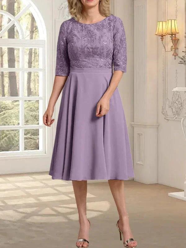 A-line Scoop Knee-Length Lace Chiffon Mother of the Bride Dress by Dreamylily