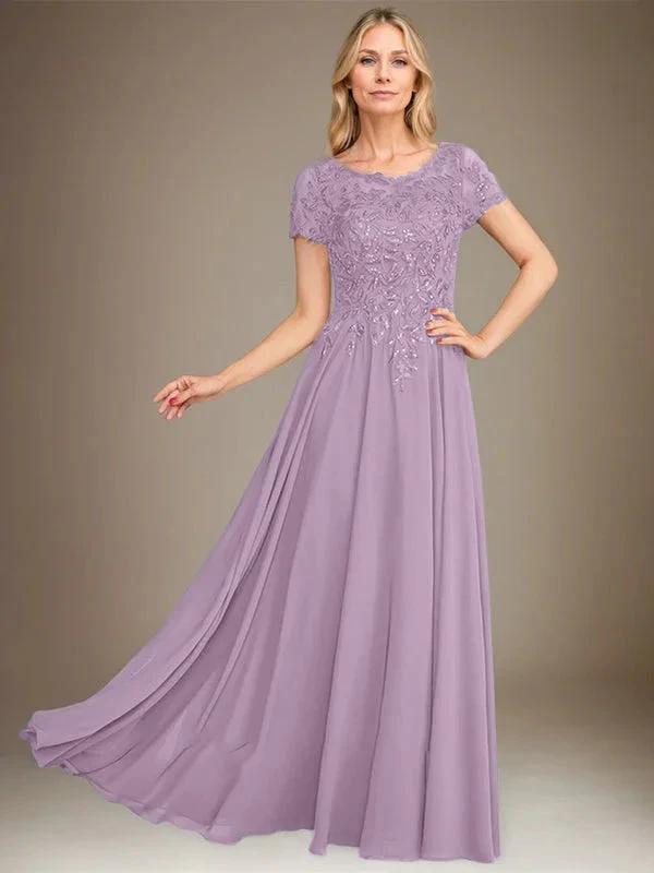 A-Line Scoop Floor-Length Chiffon Mother of the Bride Dress With Applique & Sequins by Dreamylily