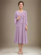 A-line Scoop Tea-Length Lace Chiffon Mother of the Bride Dress With Sequins by Dreamylily