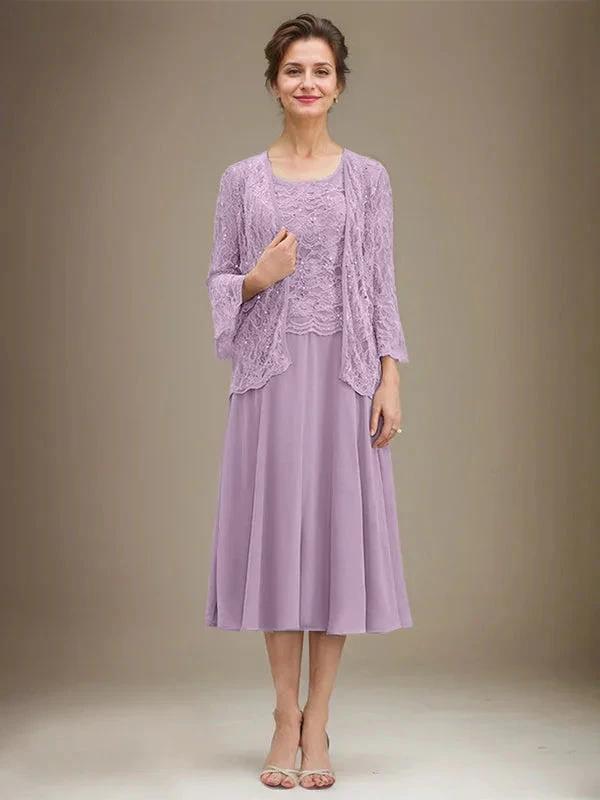 A-line Scoop Tea-Length Lace Chiffon Mother of the Bride Dress With Sequins by Dreamylily