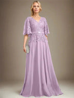 A-line V-Neck Floor-Length Chiffon Lace Mother of the Bride Dress With Crystal Brooch Rhinestone by Dreamylily