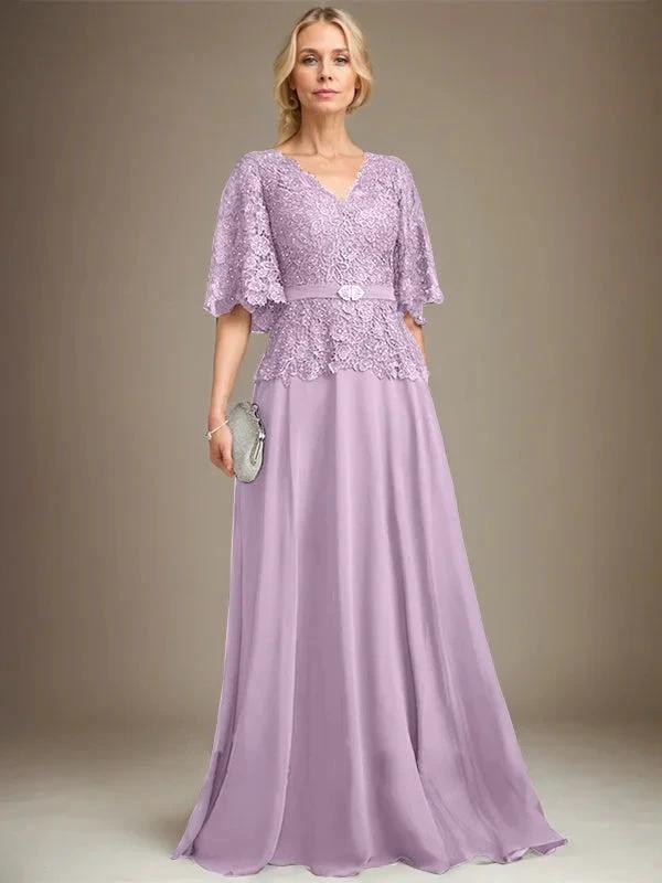 A-line V-Neck Floor-Length Chiffon Lace Mother of the Bride Dress With Crystal Brooch Rhinestone by Dreamylily