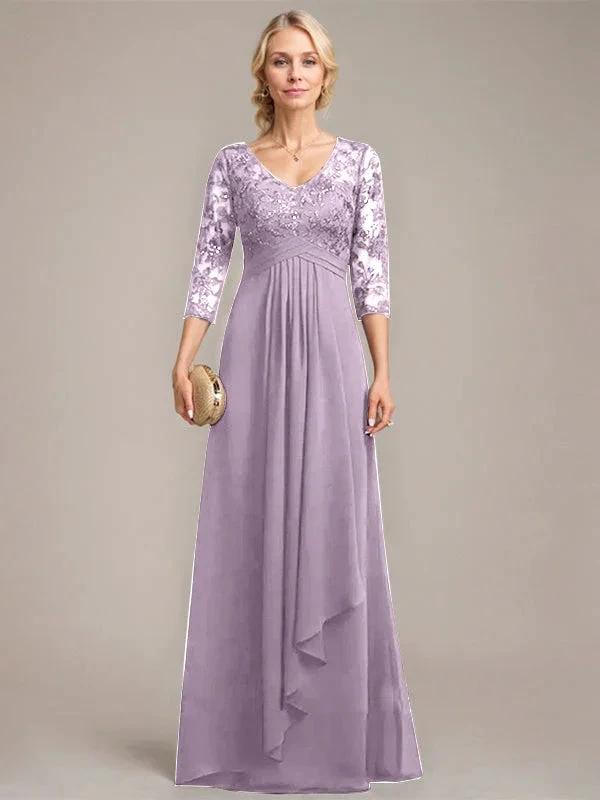 A-line V-Neck Floor-Length Lace Chiffon Mother of the Bride Dress With Cascading Ruffles Sequins by Dreamylily