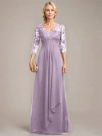 A-line V-Neck Floor-Length Lace Chiffon Mother of the Bride Dress With Cascading Ruffles Sequins by Dreamylily