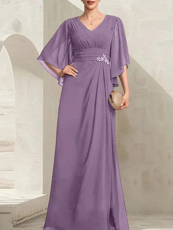 Sheath/Column V-Neck Floor-Length Chiffon Mother of the Bride Dress With Pleated Sequins Beading by Dreamylily