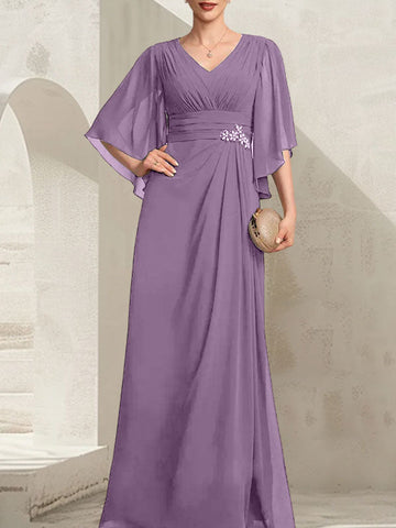 Vestido de gasa para madre de la novia, con escote en V, largo hasta el suelo, con lentejuelas plisadas y abalorios