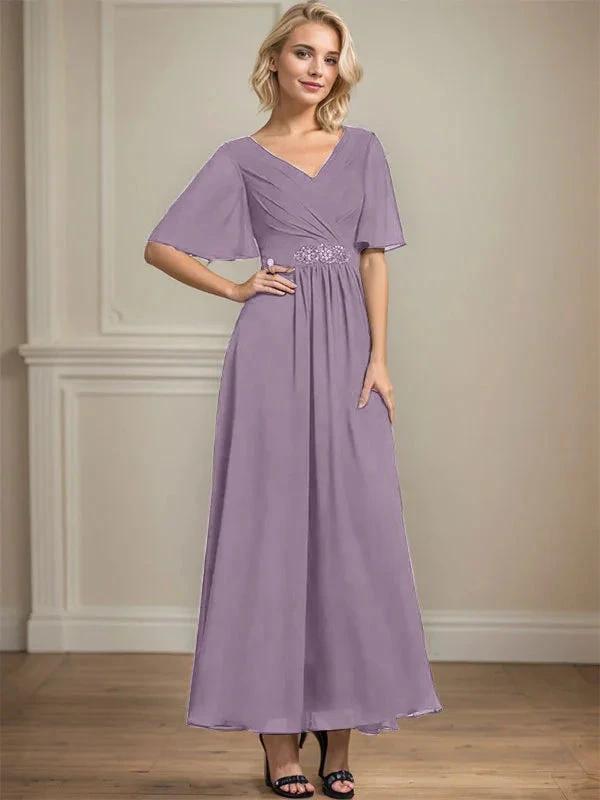 A-line V-Neck Ankle-Length Chiffon Mother of the Bride Dress With Pleated Beading Sequins by Dreamylily