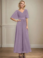 A-line V-Neck Ankle-Length Chiffon Mother of the Bride Dress With Pleated Beading Sequins by Dreamylily