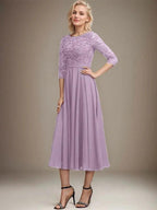 A-line Scoop Tea-Length Lace Chiffon Mother of the Bride Dress With Sequins by Dreamylily