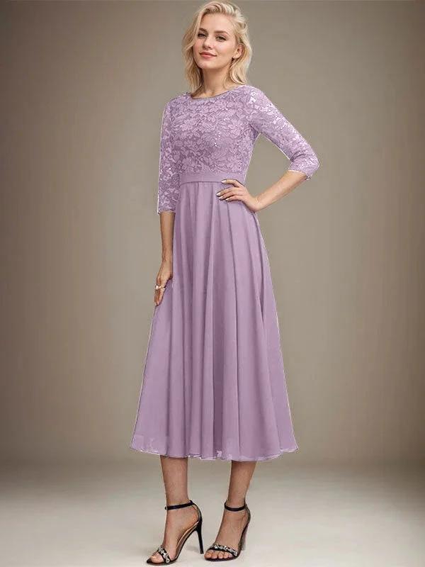 A-line Scoop Tea-Length Lace Chiffon Mother of the Bride Dress With Sequins by Dreamylily