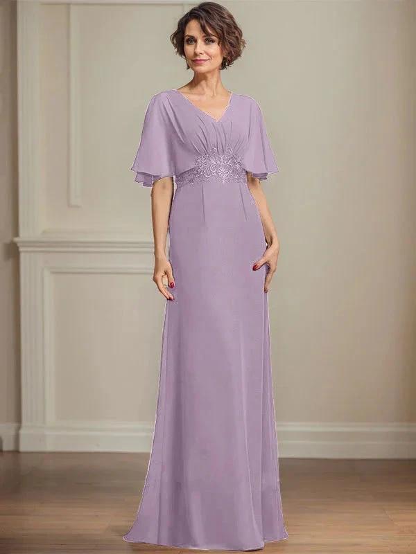 A-line V-Neck Floor-Length Chiffon Mother of the Bride Dress With Pleated Sequins Appliques Lace by Dreamylily