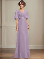 A-line V-Neck Floor-Length Chiffon Mother of the Bride Dress With Pleated Sequins Appliques Lace by Dreamylily