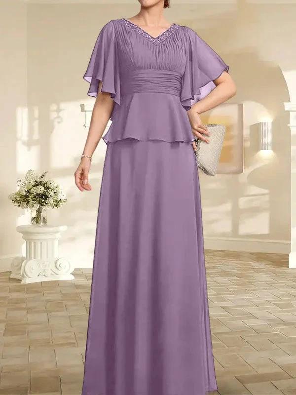 A-line V-Neck Floor-Length Chiffon Mother of the Bride Dress With Pleated Beading by Dreamylily