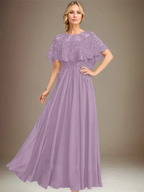 A-line Boat Neck Floor-Length Lace Chiffon Mother of the Bride Dress With Applique Sequins by Dreamylily