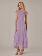 A-line Boat Neck Illusion Asymmetrical Chiffon Lace Mother of the Bride Dress With Applique Pleats by Dreamylily