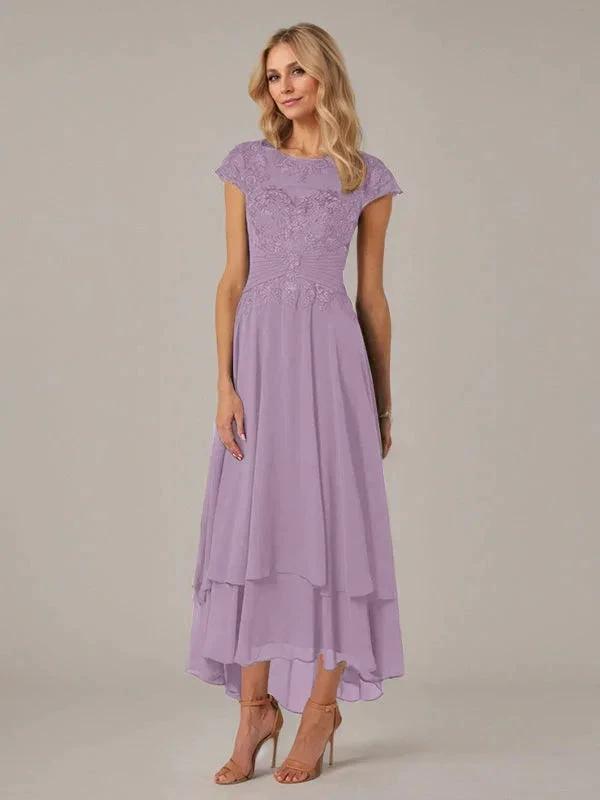 A-line Boat Neck Illusion Asymmetrical Chiffon Lace Mother of the Bride Dress With Applique Pleats by Dreamylily