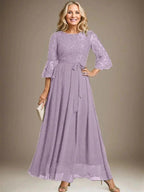 A-line Scoop Ankle-Length Lace Chiffon Mother of the Bride Dress With Bow by Dreamylily