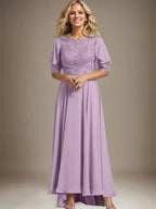 A-line Scoop Illusion Asymmetrical Chiffon Lace Mother of the Bride Dress With Beading by Dreamylily