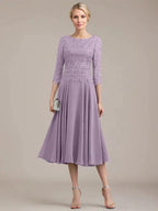 A-line Scoop Tea-Length Lace Chiffon Mother of the Bride Dress by Dreamylily