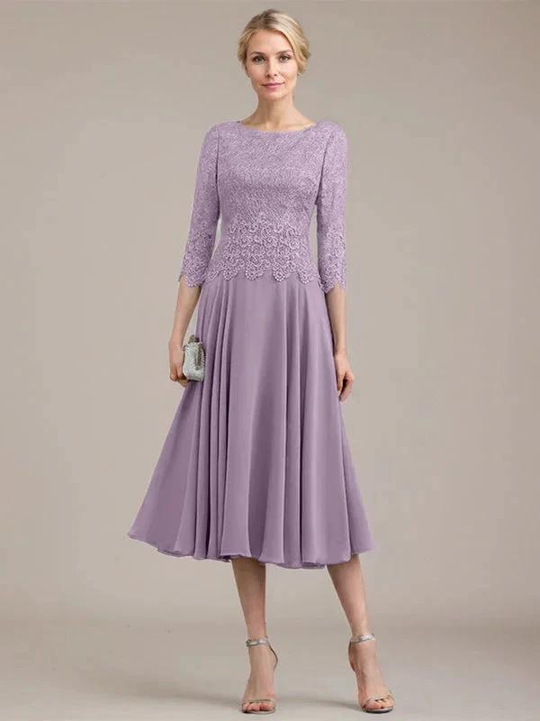 A-line Scoop Tea-Length Lace Chiffon Mother of the Bride Dress by Dreamylily