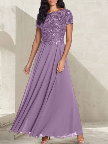 Vestido largo de madre de la novia con escote redondo, corte A, color gris carbón y cuentas