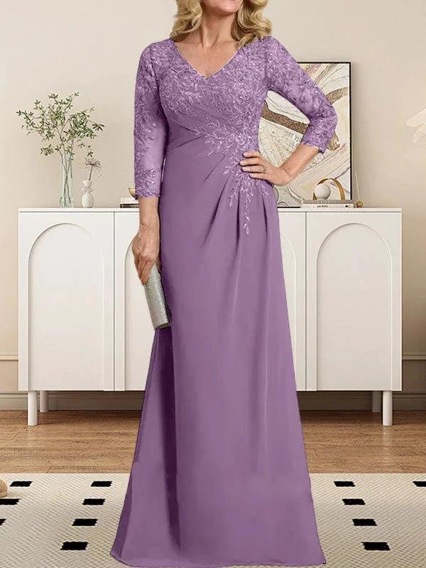 Sheath/Column V-Neck Illusion Floor-Length Lace Chiffon Mother of the Bride Dress With Pleated Sequins by Dreamylily