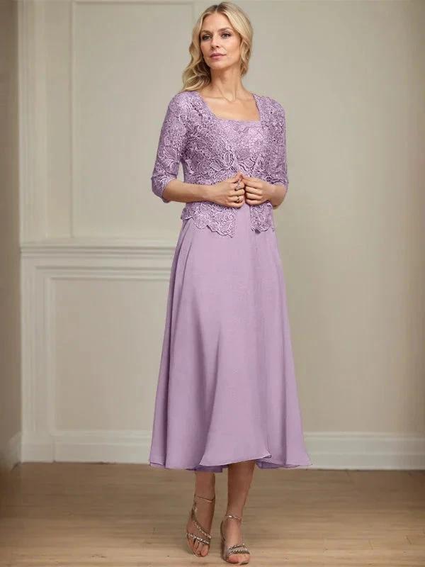 A-line Square Tea-Length Chiffon Lace Mother of the Bride Dress With Sequins Beading by Dreamylily