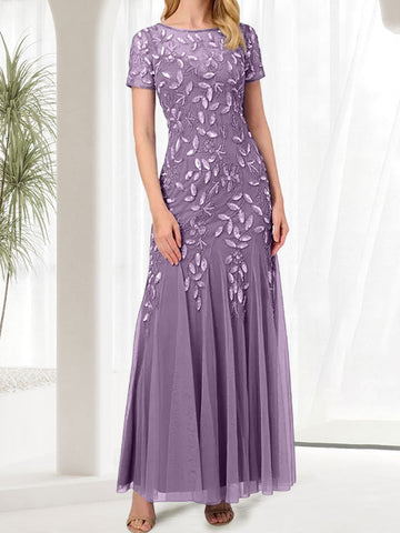 Vestido largo de sirena azul con cuello redondo para madre de la novia con cuentas