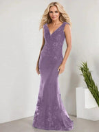 A-line V-Neck Floor-Length Lace Chiffon Mother of the Bride Dress With Applique Sequins Mermaid Dresses by Dreamylily