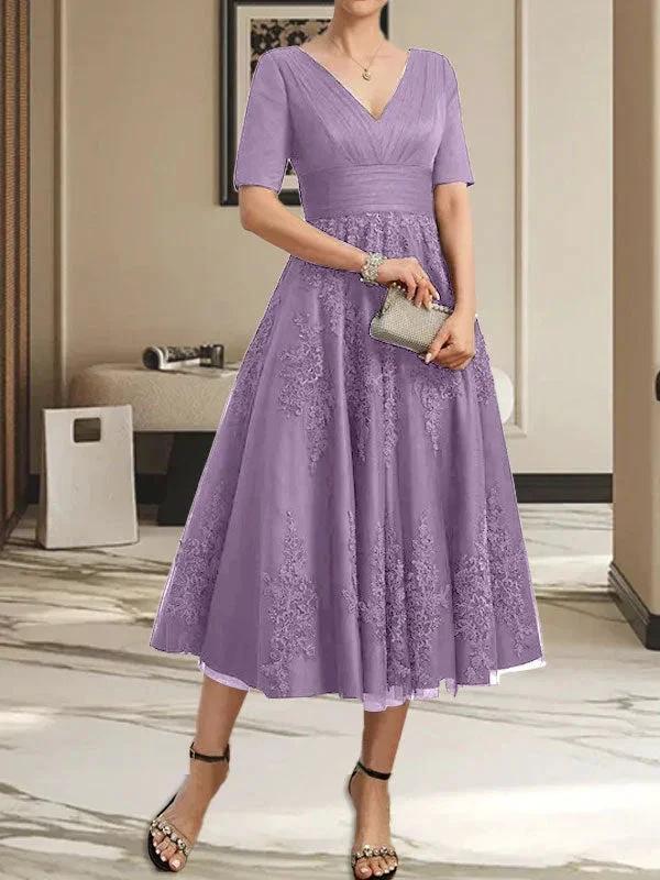 A-line V-Neck Tea-Length Tulle Lace Mother of the Bride Dress With Pleated by Dreamylily