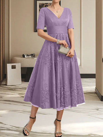 A-line V-Neck Tea-Length Tulle Lace Mother of the Bride Dress With Pleated