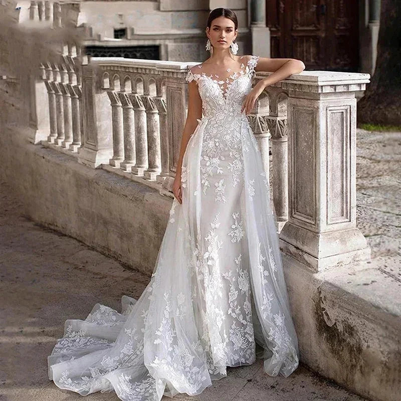 Mermaid 2 In 1 Wedding Dress Tulle Scoop Cap Sleeves Backless Lace Appliques Bridal Gowns With Detachable Train свадебное платье by payinti