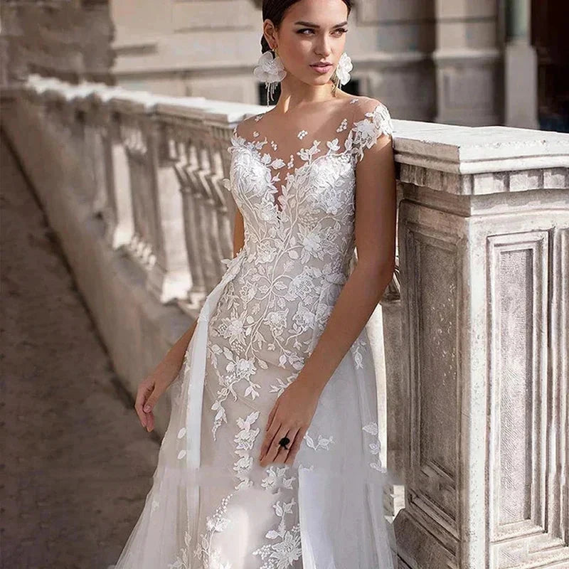Mermaid 2 In 1 Wedding Dress Tulle Scoop Cap Sleeves Backless Lace Appliques Bridal Gowns With Detachable Train свадебное платье by payinti